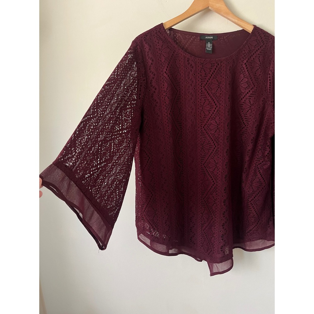 Alfani Womens XL Burgundy Lace Bell Sleeve Blouse Boho Layered Sheer Trim Top - Picture 5 of 6
